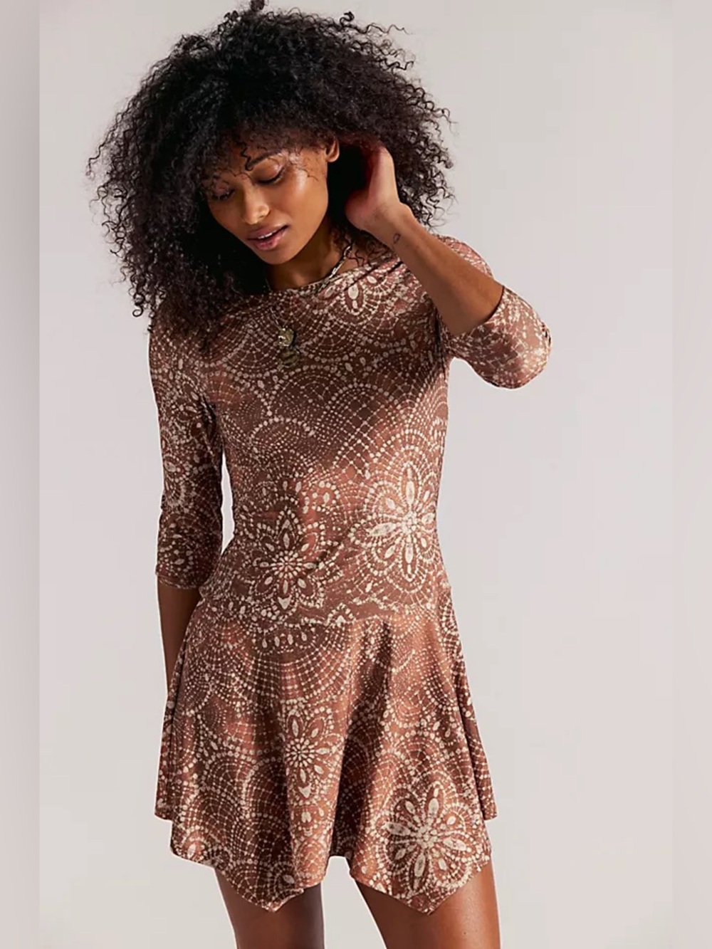 NWT new XS free people relish mini dress drop waist stretchy brown pattern 3/4